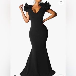 Ruffled shoulder black gown